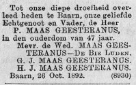Overlijdensbericht P. (Pieter) MG (1892)